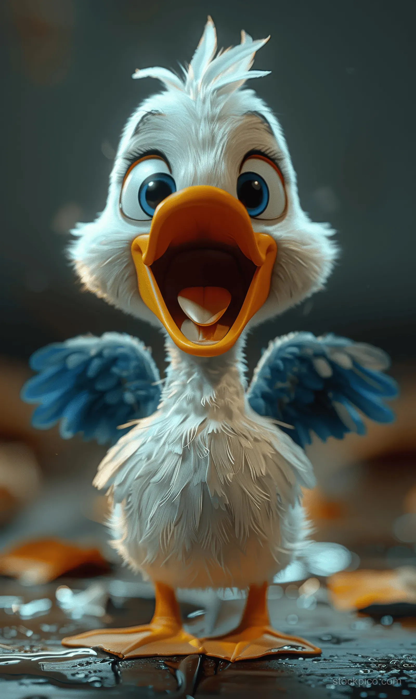 A smiling white cartoon duck with blue wings stands on wet ground with water splashes.
