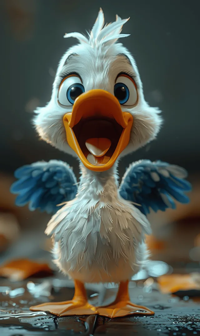 Cartoon white duck with blue wings standing on wet ground, big cheerful grin