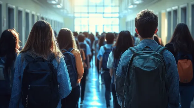 Students with backpacks walk down a bright school hallway, viewed from behind with sunlight streaming in.