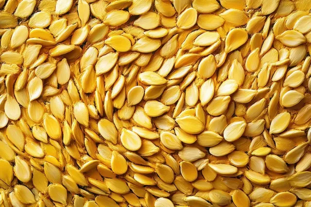 Close-up pile of pale yellow pumpkin seeds with swirling textured pattern and macro detail