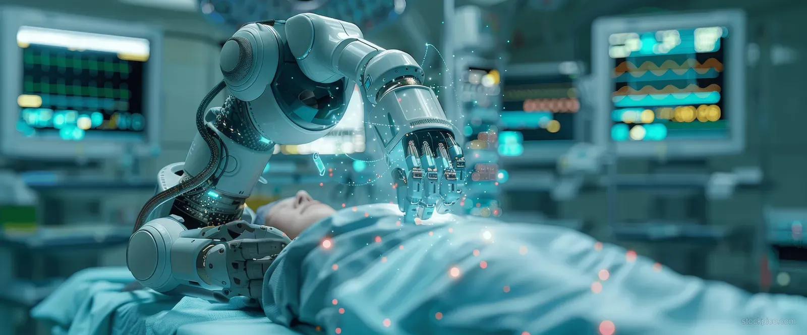 Robotic surgical arms assist a doctor during an operation while holographic screens glow across a sterile operating room.