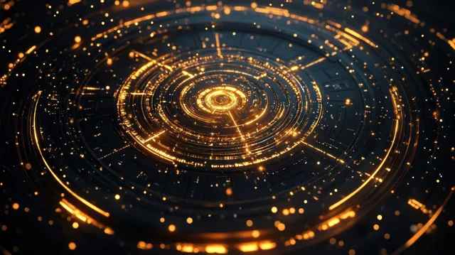 A high-tech digital interface with concentric rings and glowing orange particles, representing a cyber-inspired data network.