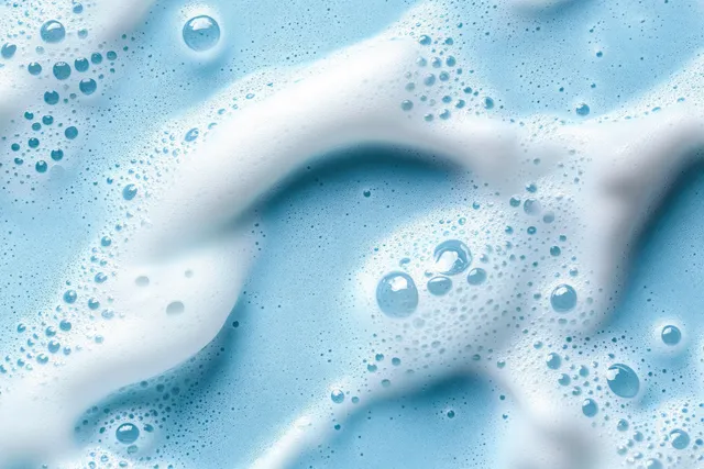 Close-up of creamy face cleansing mousse foam with scattered microbubbles on a blue background.