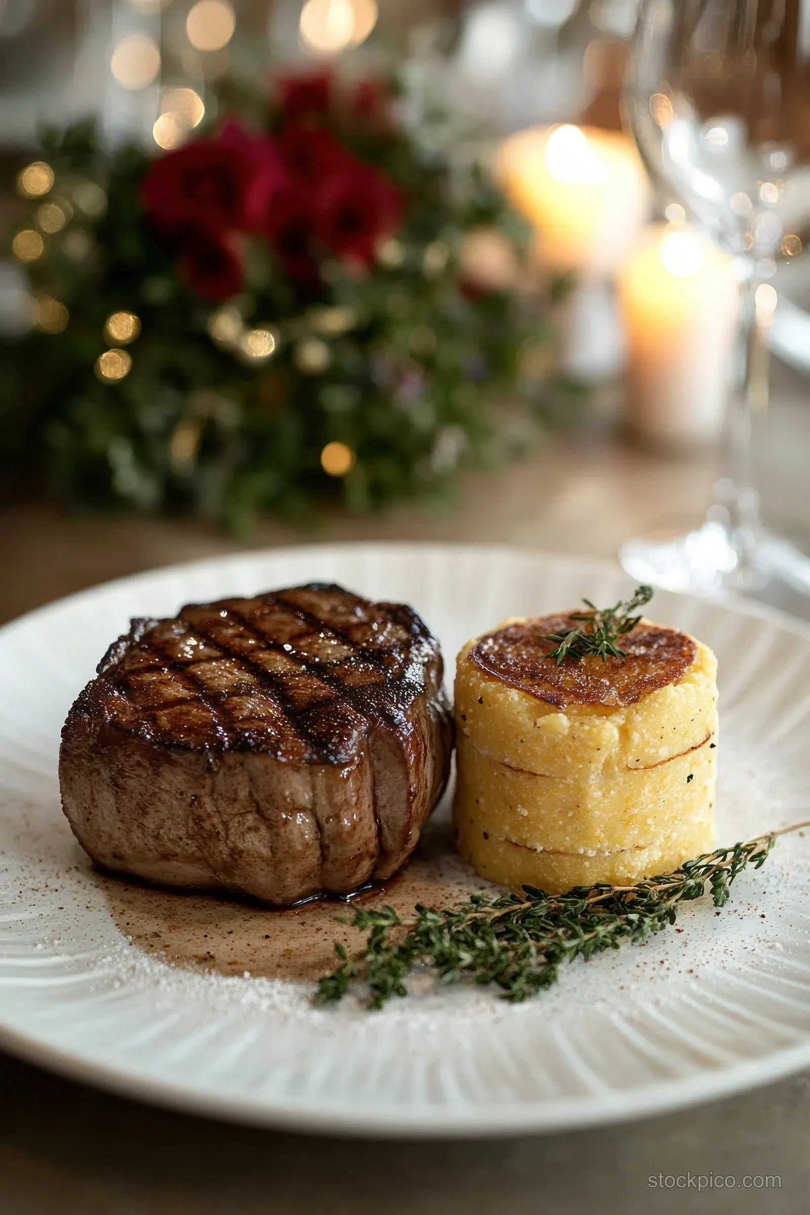 Grilled steak and creamy polenta with fresh thyme garnish on a white plate with warm blurred lights.