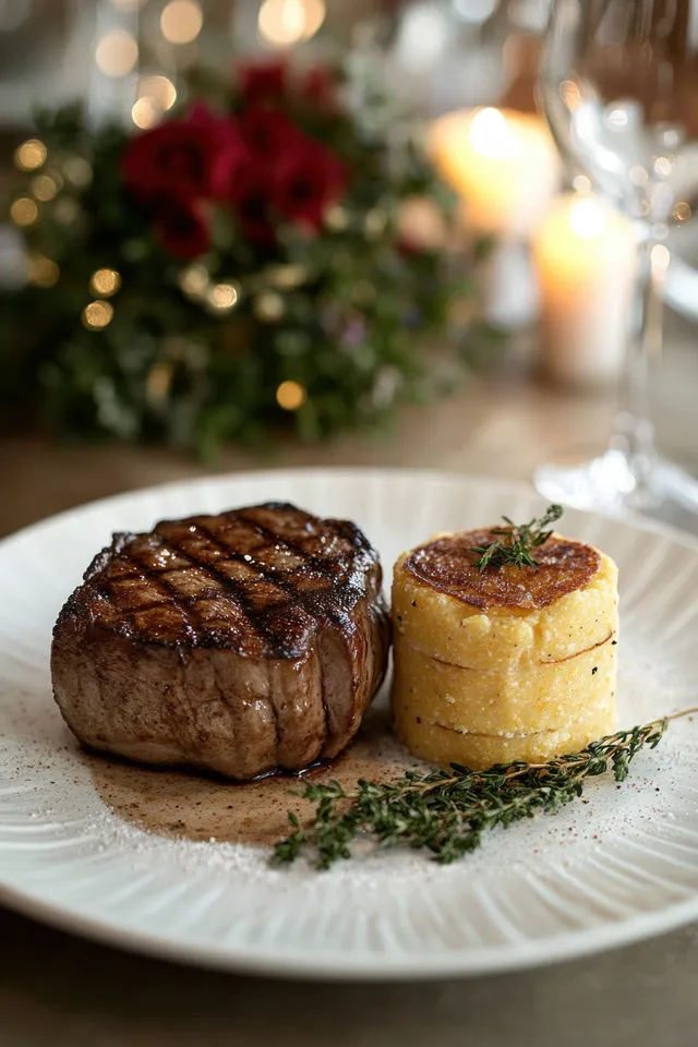 Grilled steak with creamy polenta stack, thyme garnish on white plate, warm bokeh lights