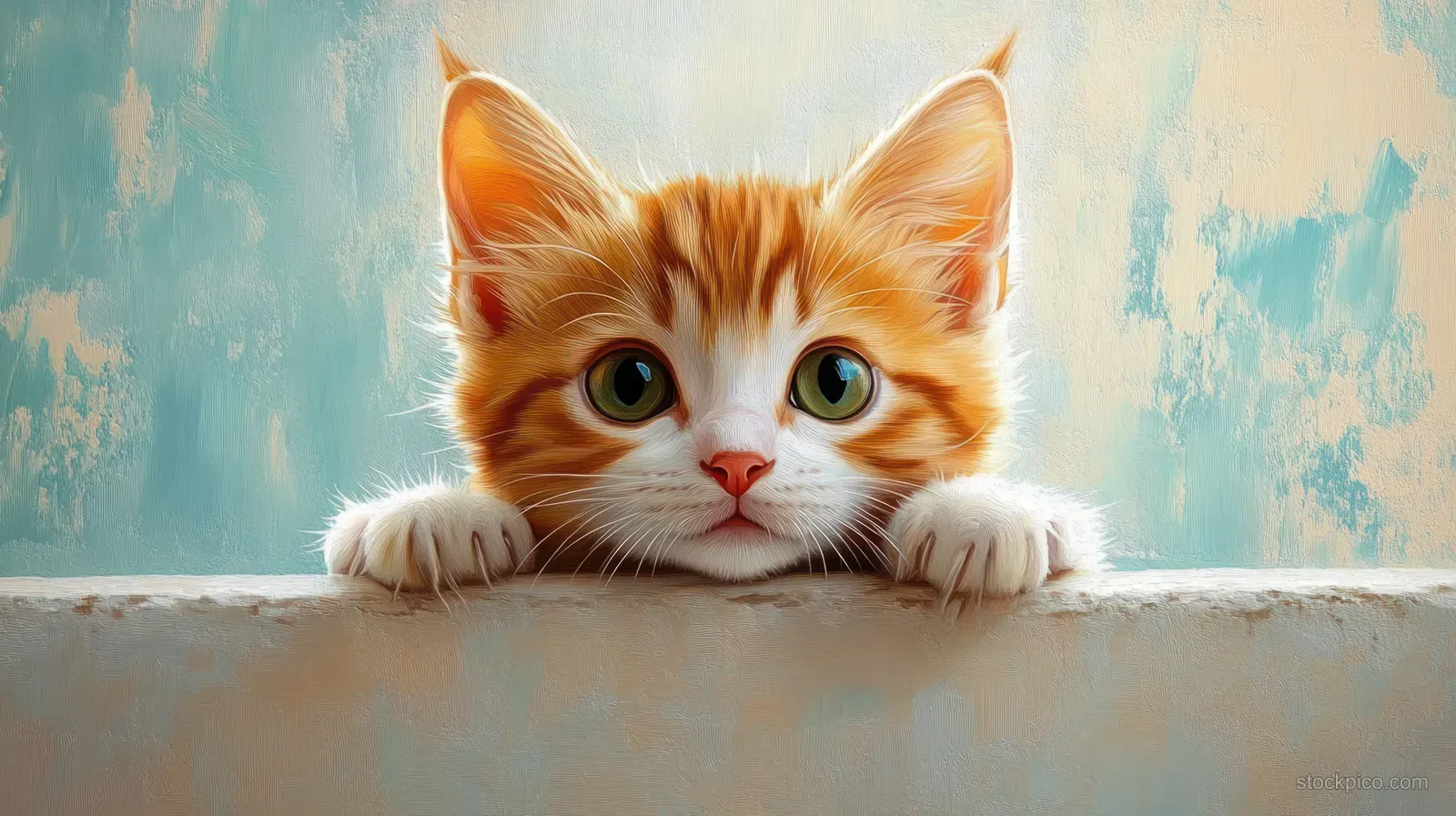 Orange-and-white kitten peeks over a ledge with big green eyes against a soft blue and beige background.