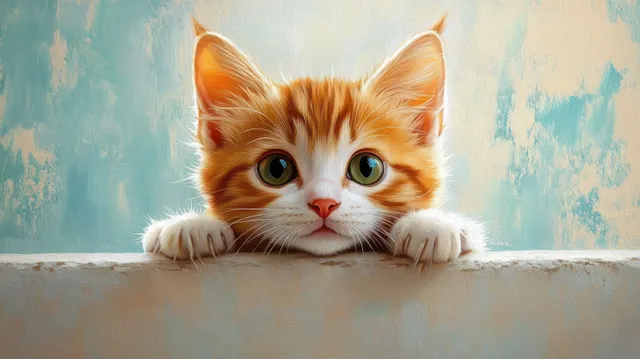 Orange-and-white kitten peeks over a ledge with big green eyes against a soft blue and beige background.