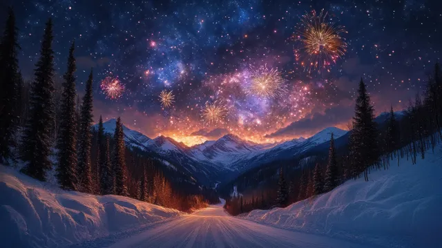 Snowy mountain road at twilight with pine trees and colorful fireworks over a starry sky