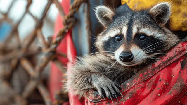 A raccoon peeks over a red wall with alert eyes and visible black facial mask markings.