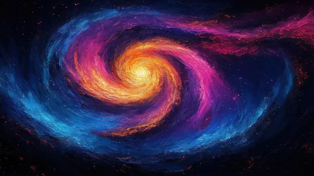 A glowing spiral galaxy with a yellow core fading into colorful outer arms across a starry space backdrop.