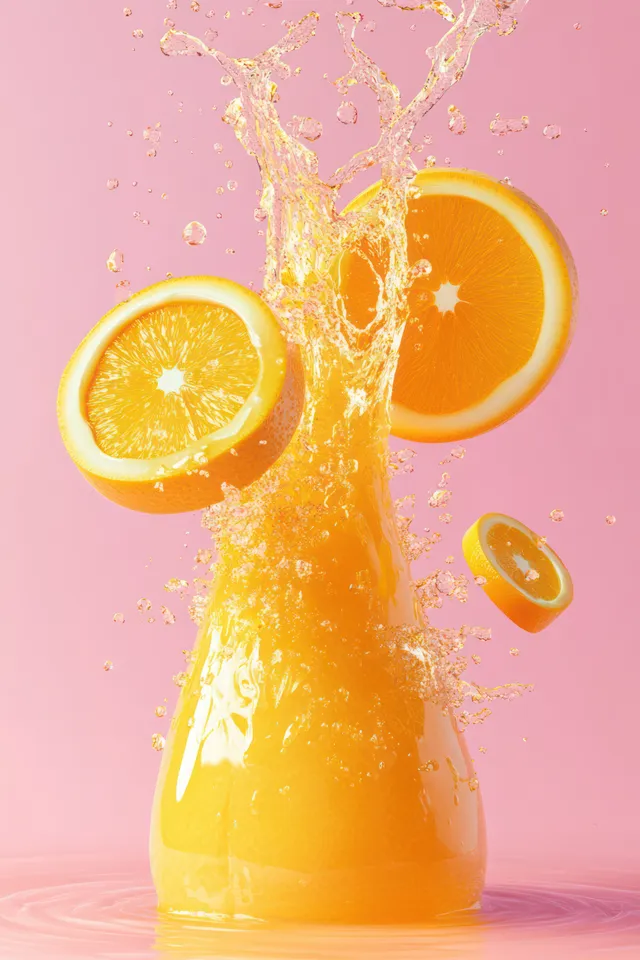 Orange juice pour bursts with flying citrus slices and splashes against a pink backdrop