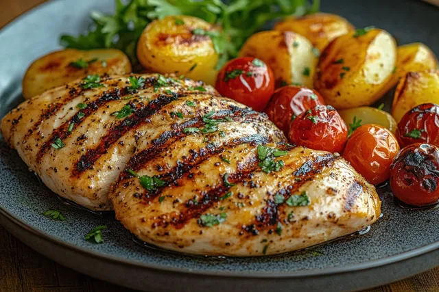 Grilled chicken breast with roasted baby potatoes and cherry tomatoes topped with fresh herbs on a gray plate.