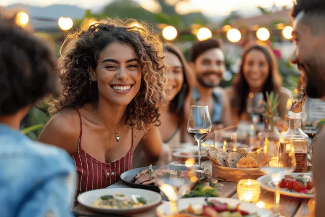 A smiling woman laughs at a rooftop dinner table with wine glasses and food while friends sit behind her.