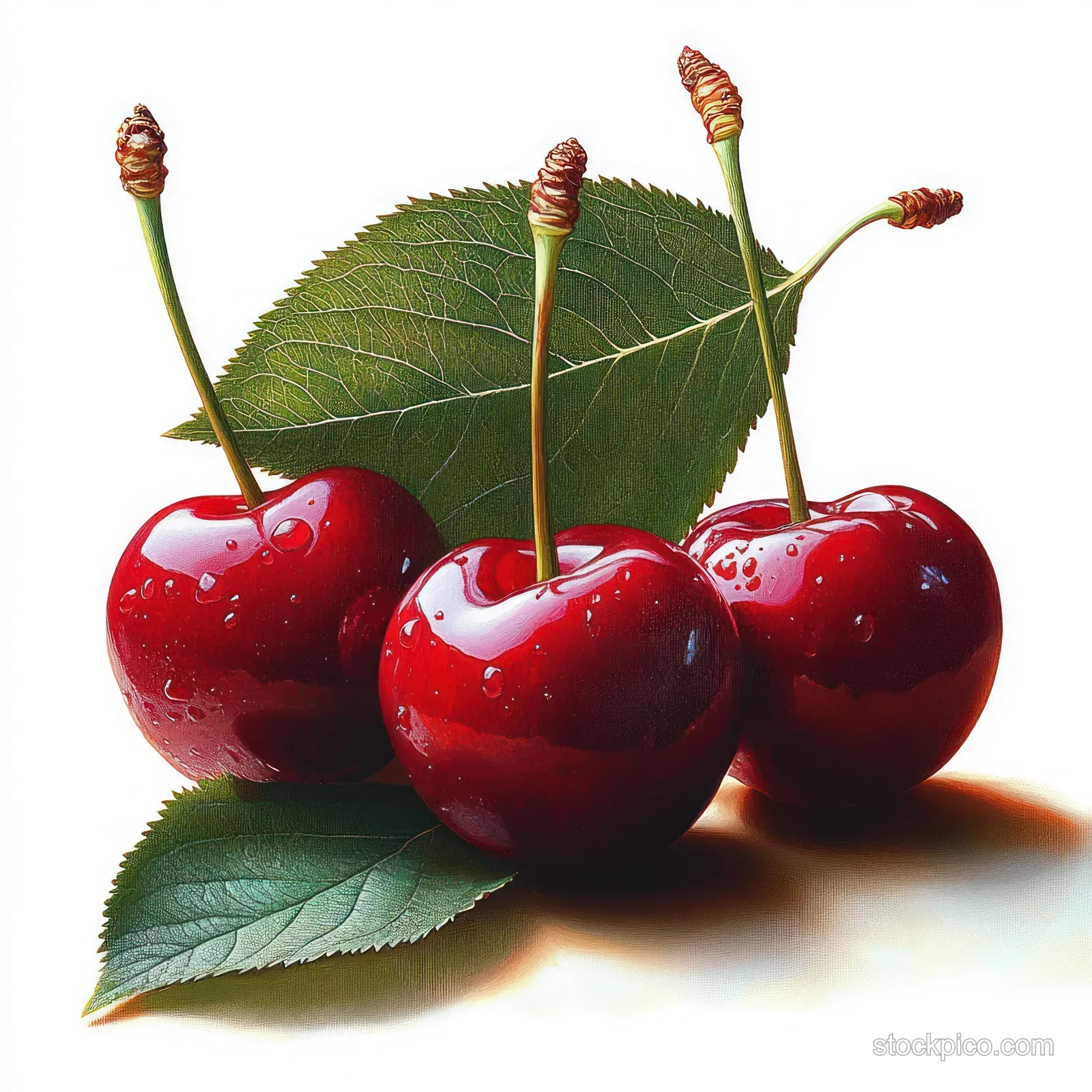 Three glossy red cherries with water droplets sit on green leaves against a white background.