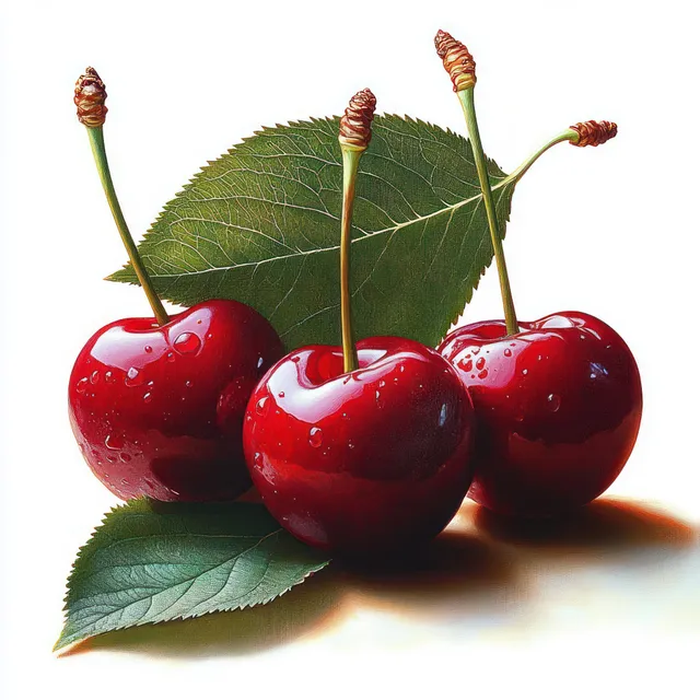 Three glossy red cherries with water droplets on green leaves against a white background with Food Still Life