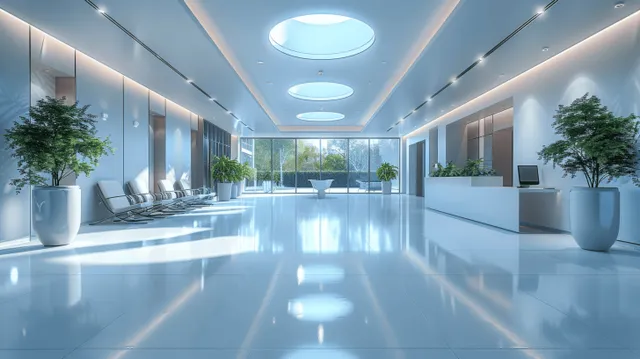Light-blue hospital reception hall with central desk, large windows, potted trees