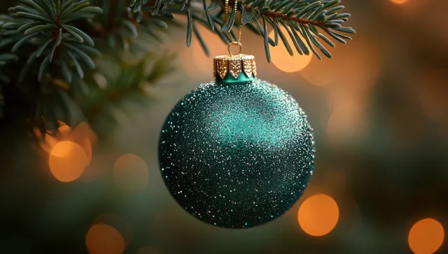 Closeup green Christmas bauble ornament glowing with gold glitter on pine branch