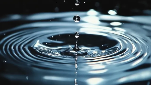 Macro view of water droplets falling into a pool, generating concentric ripples with reflective highlights.