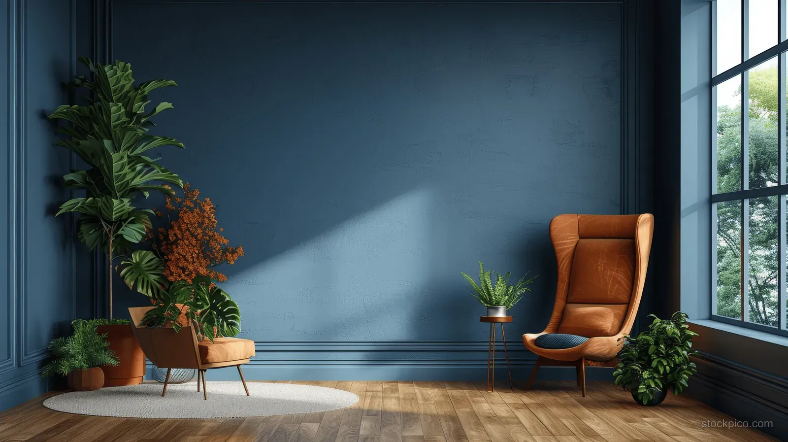Brown leather armchair in a living room corner with dark blue wall, potted plants, wooden floor, and window light.