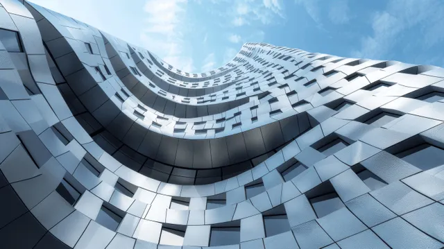 Low-angle view of a curved modern building facade covered in reflective silver metal tiles under a clear blue sky.