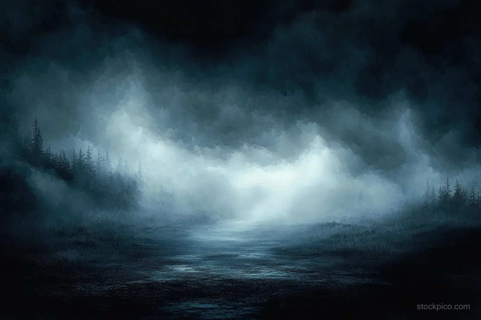 Fog blankets a dark asphalt landscape with drifting smoke and a faint blue light glow.