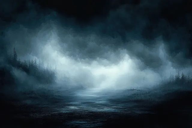 Foggy dark landscape with drifting smoke and faint blue light over asphalt