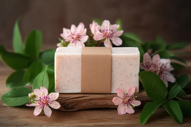 Handmade soap bars on kraft paper with pink flowers and green leaves in a flat lay arrangement.