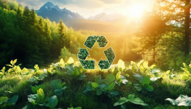 A glowing recycling symbol floats over sunlit green leaves in a forest clearing.