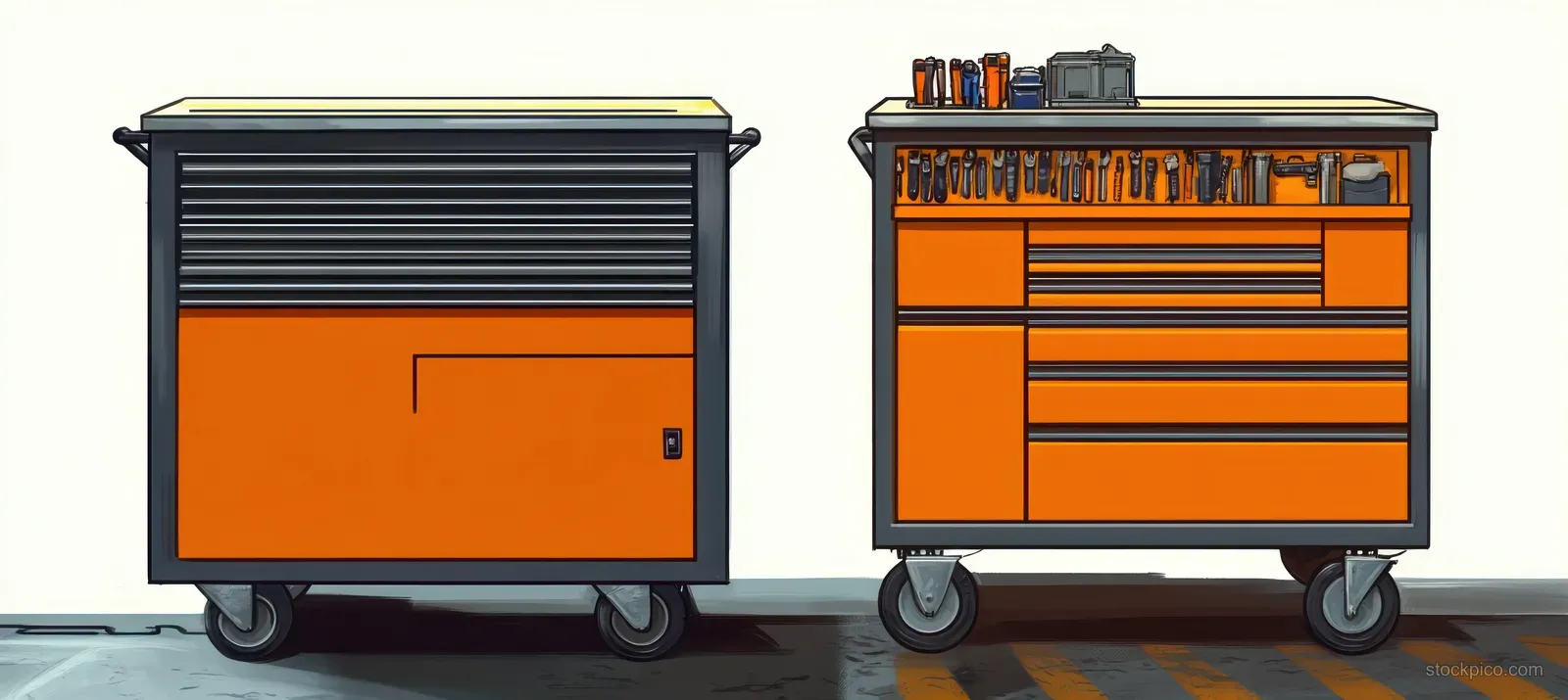 Two orange and gray rolling tool carts with storage drawers are shown in a side-by-side illustration.