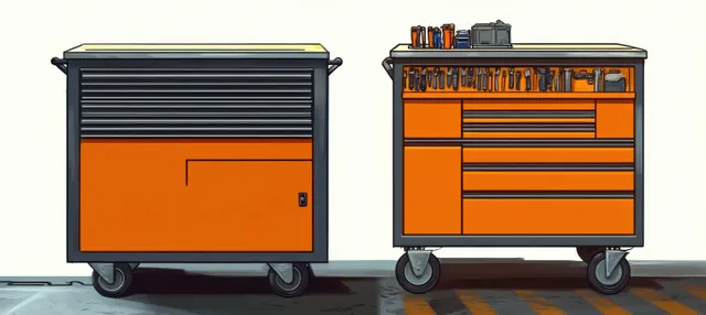 Two orange and gray rolling tool carts with storage drawers are shown in a side-by-side illustration.