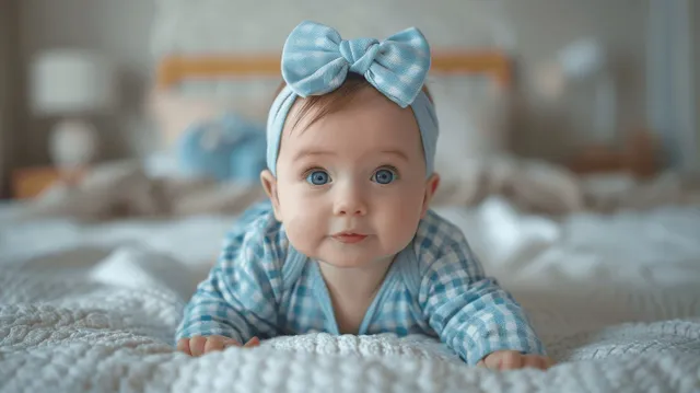 Baby Girl in Blue Plaid Romper Crawling on Cozy Bed