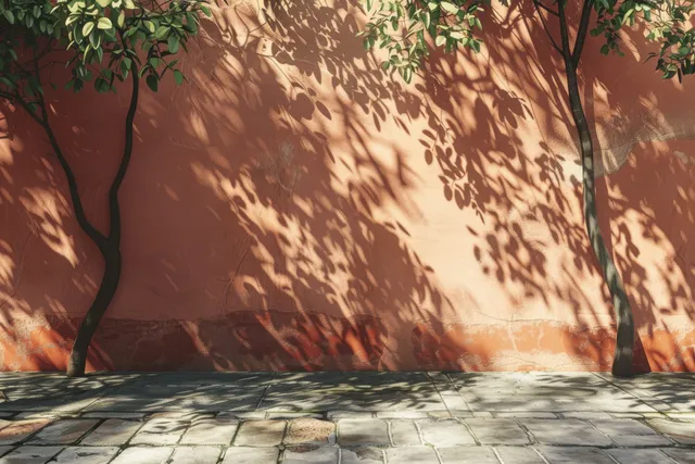 Tree Shadows Cast Across Terracotta Wall and Stone Street