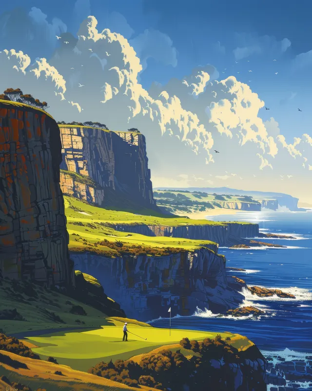 A golfer hits a tee shot on a coastal fairway beside tall cliffs and ocean waves.