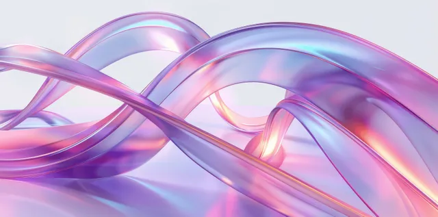 Iridescent 3D ribbons and curved rings on white background with glossy light refraction