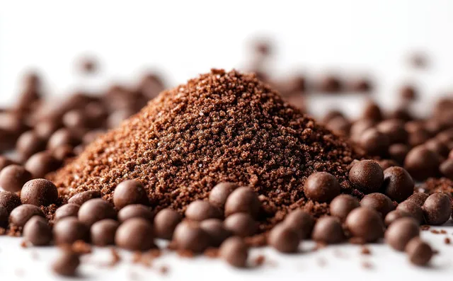 Las virutas de chocolate marrón forman un pequeño montículo sobre un fondo blanco con textura granular visible.