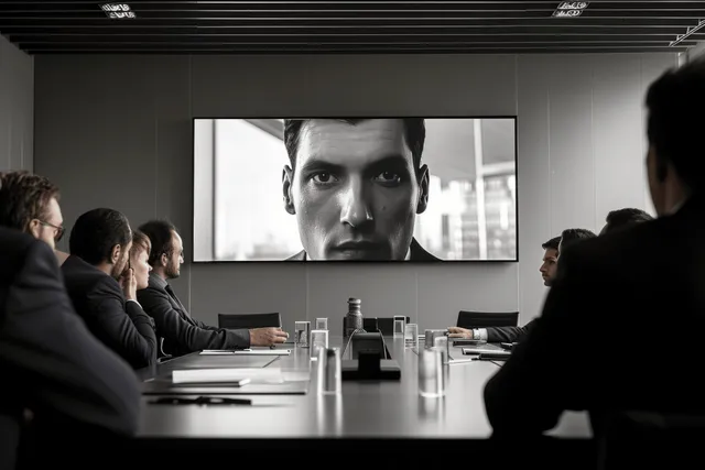 An executive’s face on a video call screen as coworkers sit around a conference table in a meeting room.