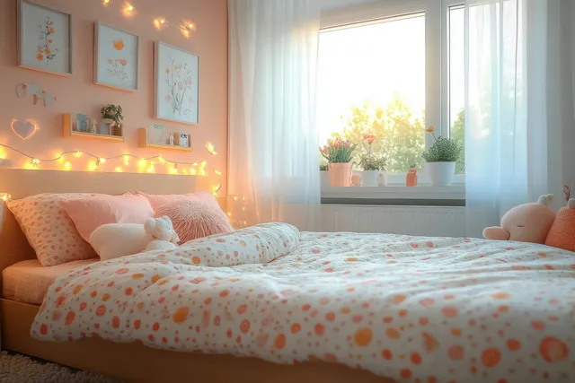 Cozy pink-and-white bedroom with plush toys and warm string lights by a sunny window