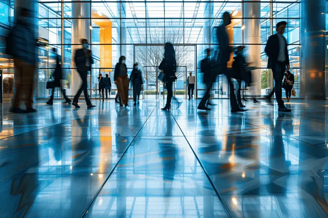 Commuters walk through a glass office lobby with reflective floor and motion blur.