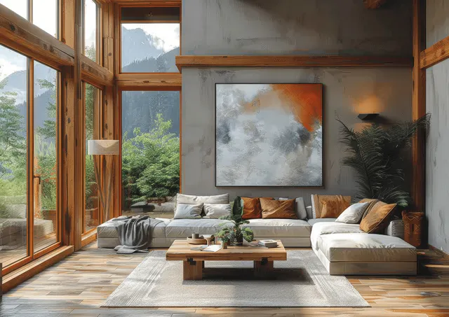 Beige sofa and coffee table in a Scandinavian living room with abstract painting, wood walls, and large window light.