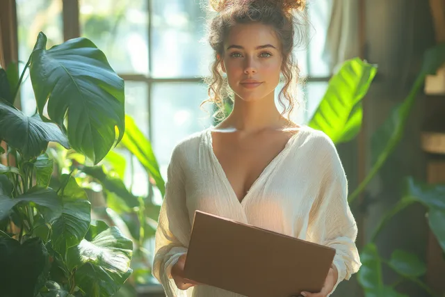 Young esthetician in white uniform smiling while holding a folder indoors near plants