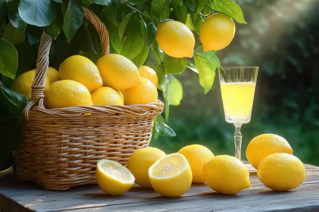 Fresh lemons in a wicker basket sit beside a clear glass of pale citrus liqueur in dappled sunlight.