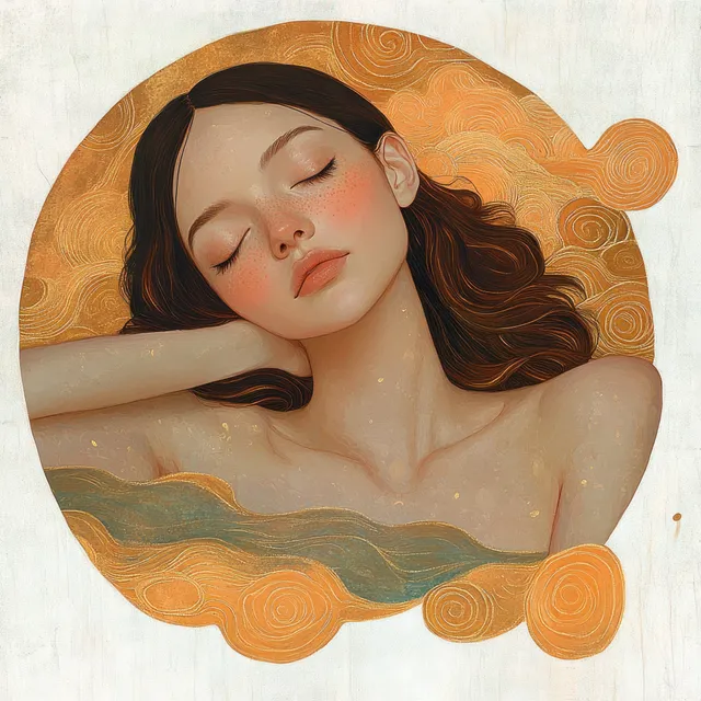 Serene young woman resting with closed eyes, dark flowing hair, surrounded by golden and teal swirling abstract patterns.