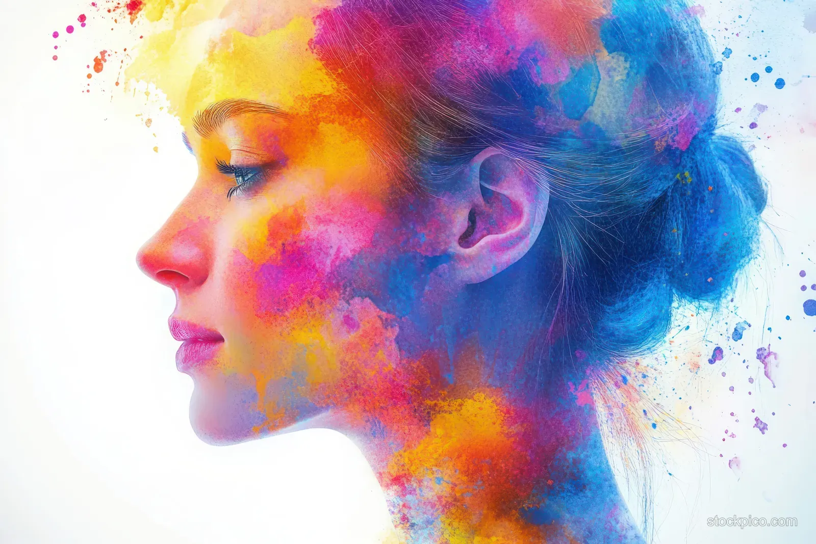 A woman in profile is surrounded by vivid paint splashes that blend into her face.