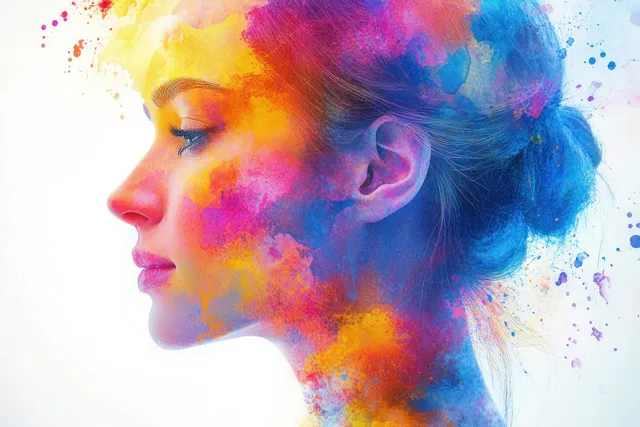 A woman in profile is surrounded by vivid paint splashes that blend into her face.