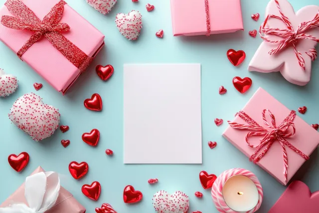 Heart-shaped candy and wrapped gift boxes surround a blank white card on a pink-blue Valentine backdrop.