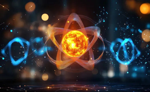 Sci-fi atom graphic with a glowing orange nucleus and blue electron orbits over a dark particle-filled background.