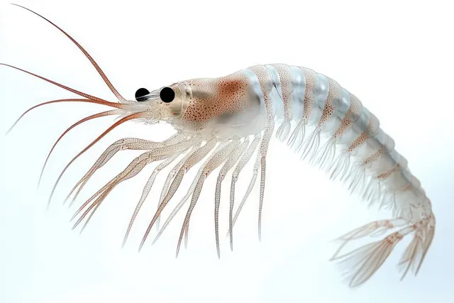 Translucent shrimp isolated on a white background showing segmented body, long antennae, and many legs.