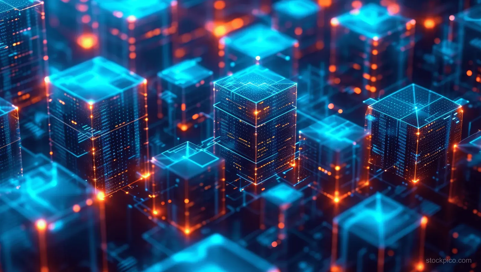 Glowing container cubes float above a dark data center rack, connected by bright network lines.