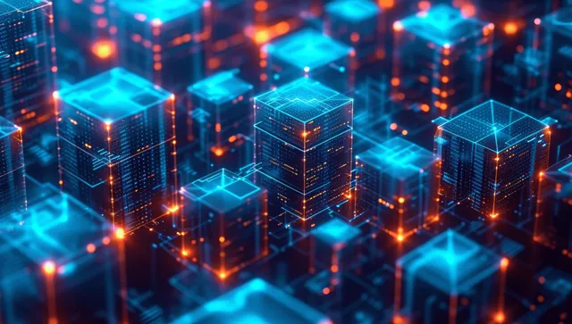Glowing container cubes float above a dark data center rack, connected by bright network lines.