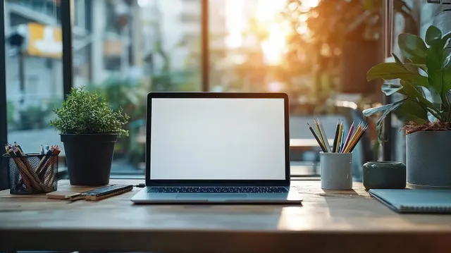 Open laptop on a wooden desk surrounded by pens, notebooks, and potted plants under warm window sunlight.